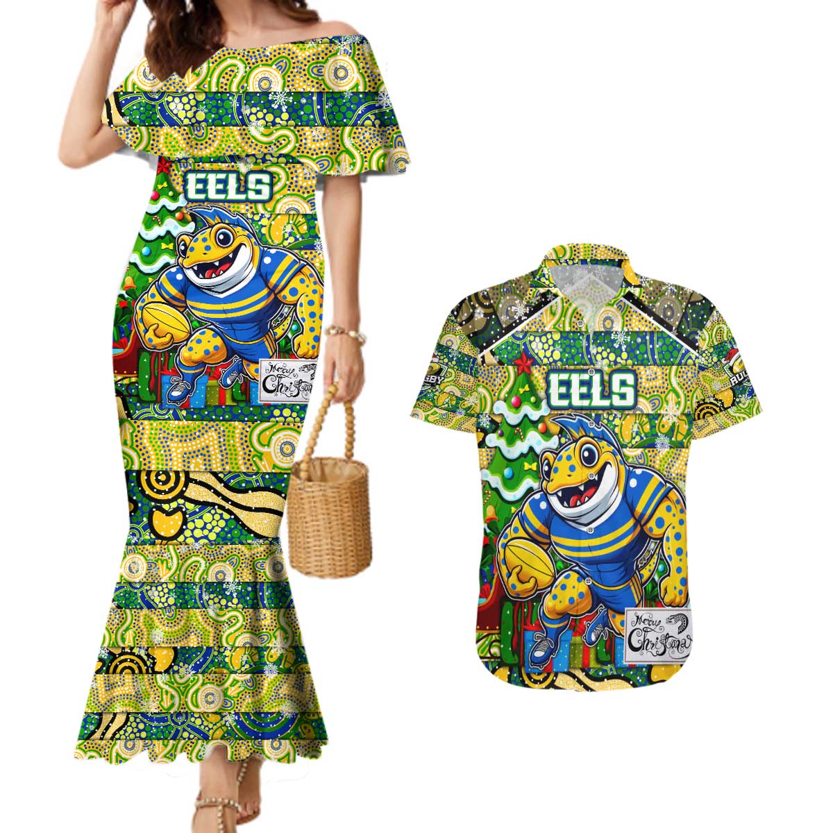 Custom Eels Rugby Merry Christmas Couples Matching Mermaid Dress and Hawaiian Shirt Indigenous Australian Art
