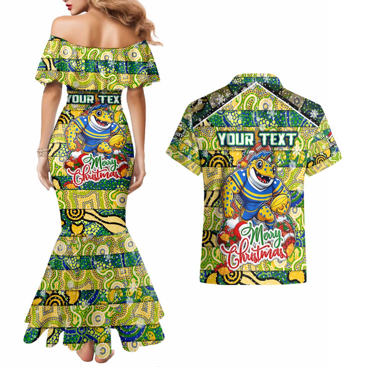Custom Eels Rugby Merry Christmas Couples Matching Mermaid Dress and Hawaiian Shirt Indigenous Australian Art