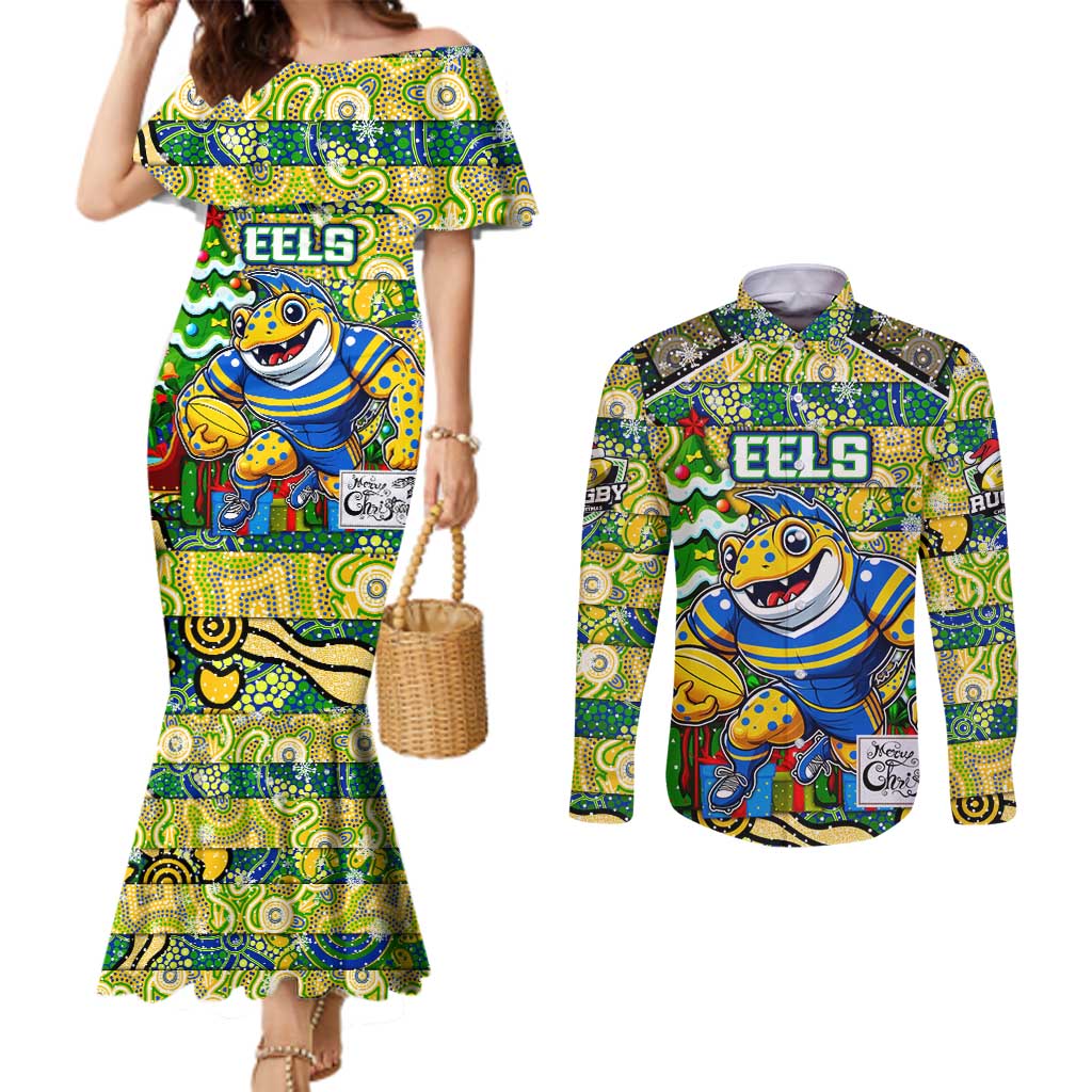 Custom Eels Rugby Merry Christmas Couples Matching Mermaid Dress and Long Sleeve Button Shirt Indigenous Australian Art