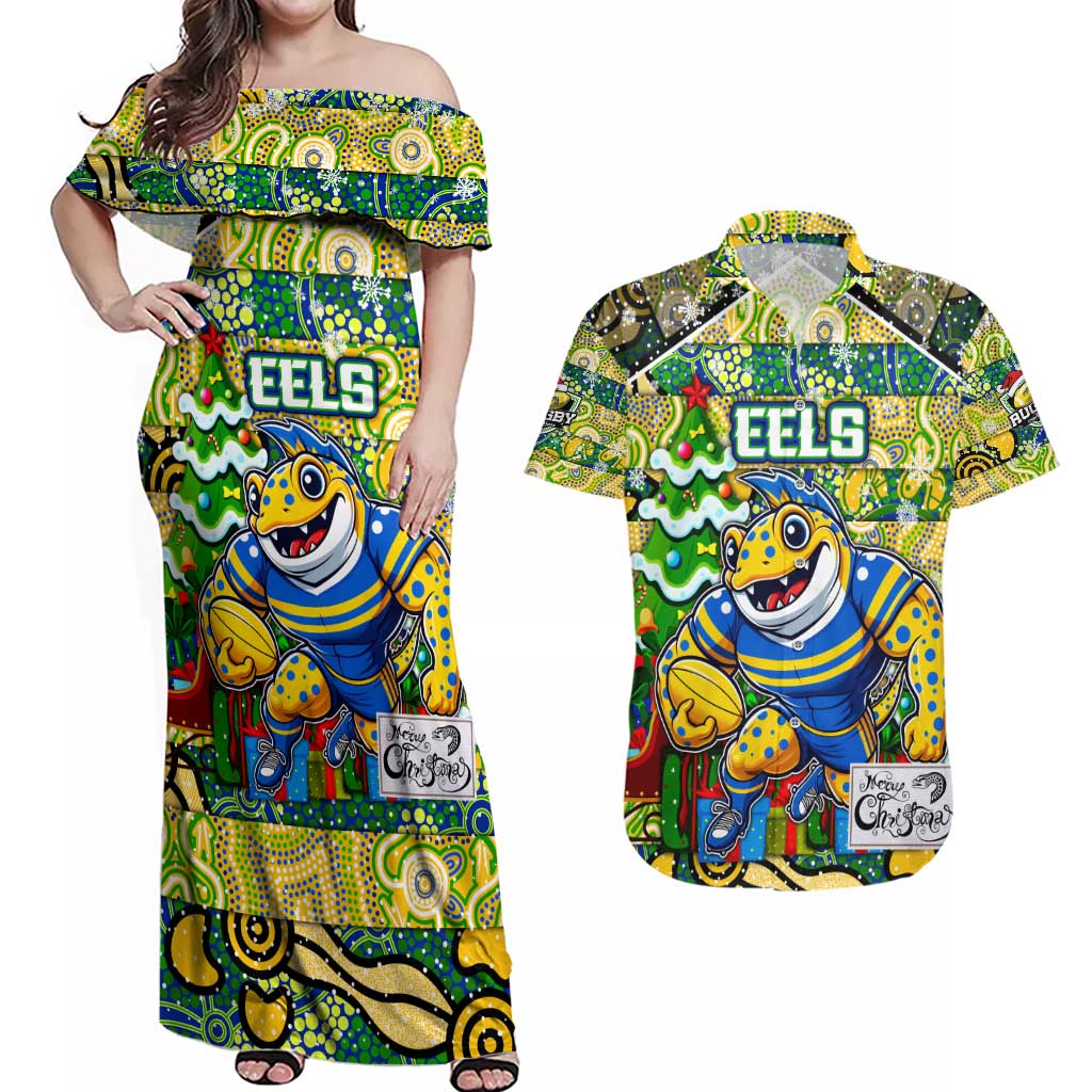 Custom Eels Rugby Merry Christmas Couples Matching Off Shoulder Maxi Dress and Hawaiian Shirt Indigenous Australian Art