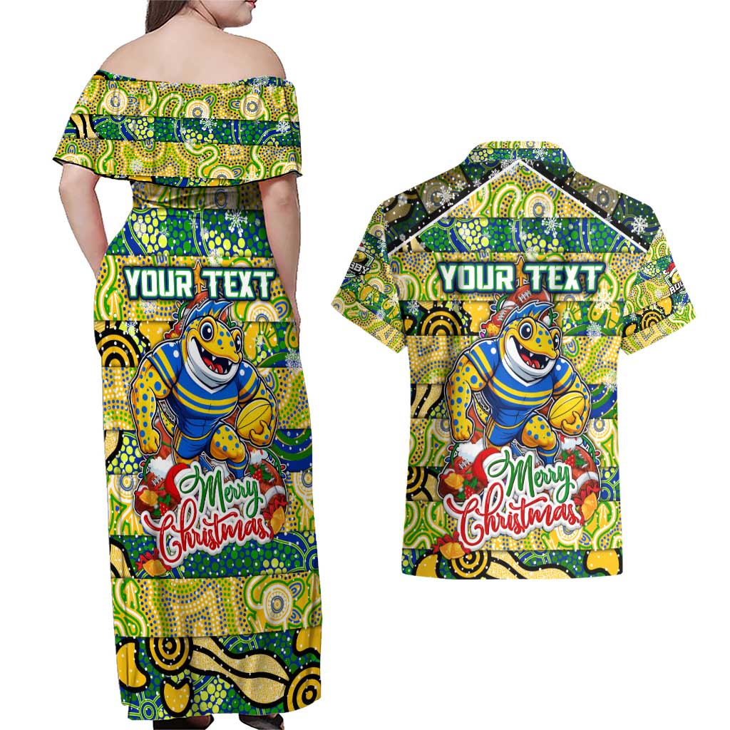 Custom Eels Rugby Merry Christmas Couples Matching Off Shoulder Maxi Dress and Hawaiian Shirt Indigenous Australian Art