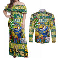 Custom Eels Rugby Merry Christmas Couples Matching Off Shoulder Maxi Dress and Long Sleeve Button Shirt Indigenous Australian Art