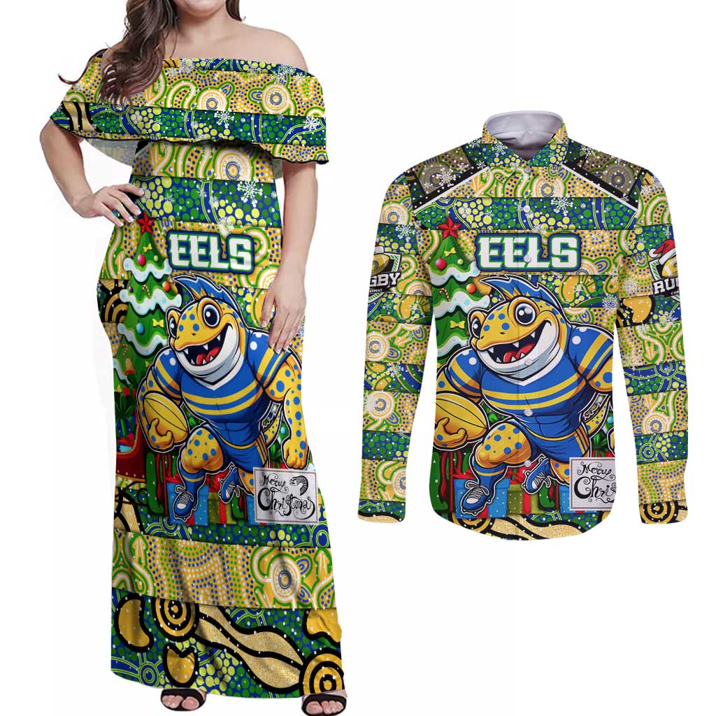 Custom Eels Rugby Merry Christmas Couples Matching Off Shoulder Maxi Dress and Long Sleeve Button Shirt Indigenous Australian Art