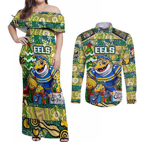 Custom Eels Rugby Merry Christmas Couples Matching Off Shoulder Maxi Dress and Long Sleeve Button Shirt Indigenous Australian Art