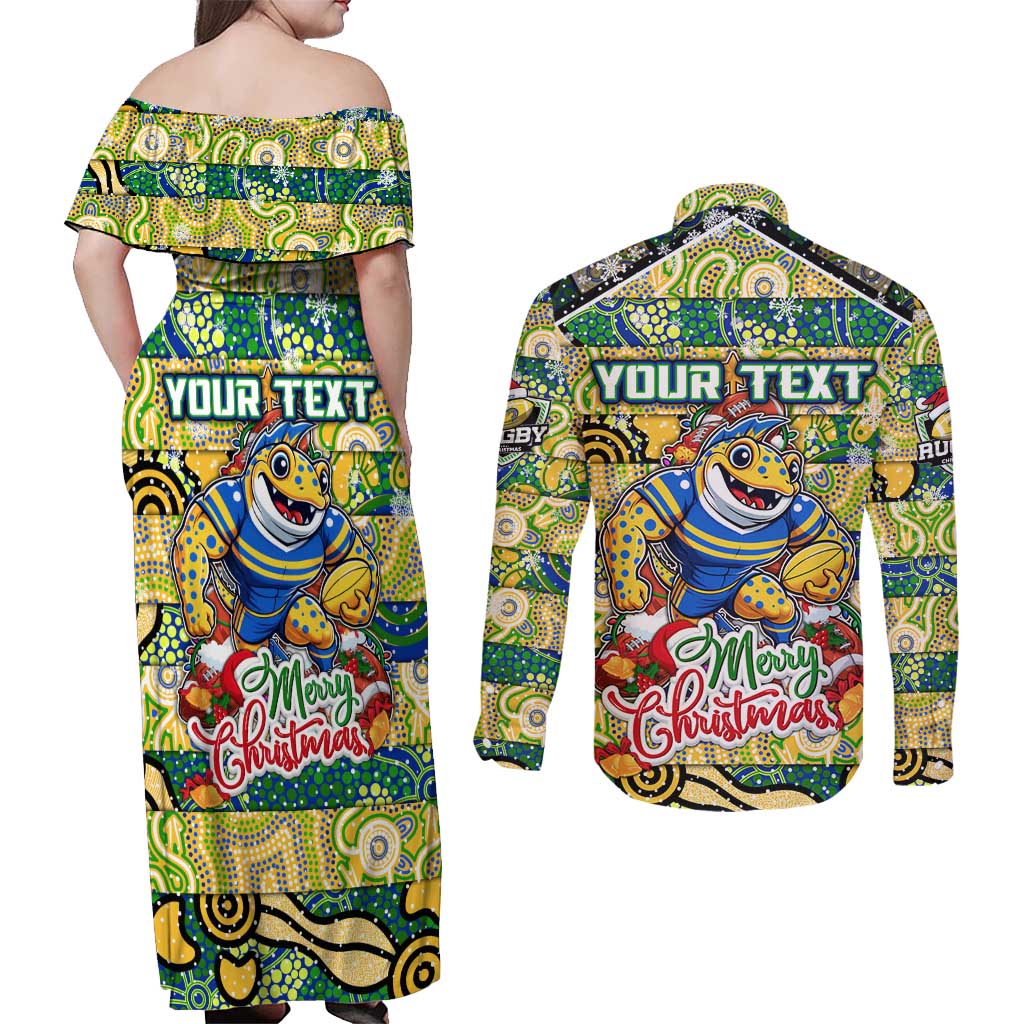 Custom Eels Rugby Merry Christmas Couples Matching Off Shoulder Maxi Dress and Long Sleeve Button Shirt Indigenous Australian Art