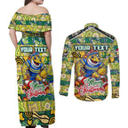 Custom Eels Rugby Merry Christmas Couples Matching Off Shoulder Maxi Dress and Long Sleeve Button Shirt Indigenous Australian Art