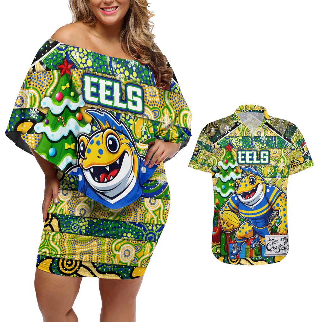 Custom Eels Rugby Merry Christmas Couples Matching Off Shoulder Short Dress and Hawaiian Shirt Indigenous Australian Art