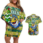 Custom Eels Rugby Merry Christmas Couples Matching Off Shoulder Short Dress and Hawaiian Shirt Indigenous Australian Art