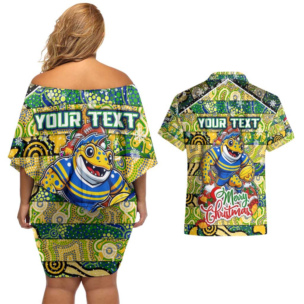 Custom Eels Rugby Merry Christmas Couples Matching Off Shoulder Short Dress and Hawaiian Shirt Indigenous Australian Art
