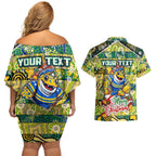 Custom Eels Rugby Merry Christmas Couples Matching Off Shoulder Short Dress and Hawaiian Shirt Indigenous Australian Art