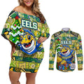 Custom Eels Rugby Merry Christmas Couples Matching Off Shoulder Short Dress and Long Sleeve Button Shirt Indigenous Australian Art