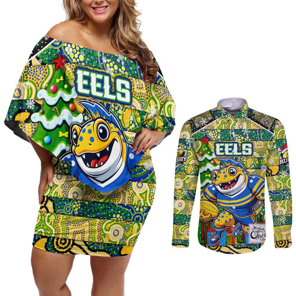 Custom Eels Rugby Merry Christmas Couples Matching Off Shoulder Short Dress and Long Sleeve Button Shirt Indigenous Australian Art