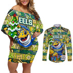 Custom Eels Rugby Merry Christmas Couples Matching Off Shoulder Short Dress and Long Sleeve Button Shirt Indigenous Australian Art