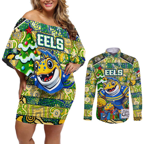 Custom Eels Rugby Merry Christmas Couples Matching Off Shoulder Short Dress and Long Sleeve Button Shirt Indigenous Australian Art