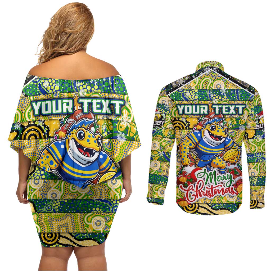 Custom Eels Rugby Merry Christmas Couples Matching Off Shoulder Short Dress and Long Sleeve Button Shirt Indigenous Australian Art