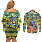Custom Eels Rugby Merry Christmas Couples Matching Off Shoulder Short Dress and Long Sleeve Button Shirt Indigenous Australian Art