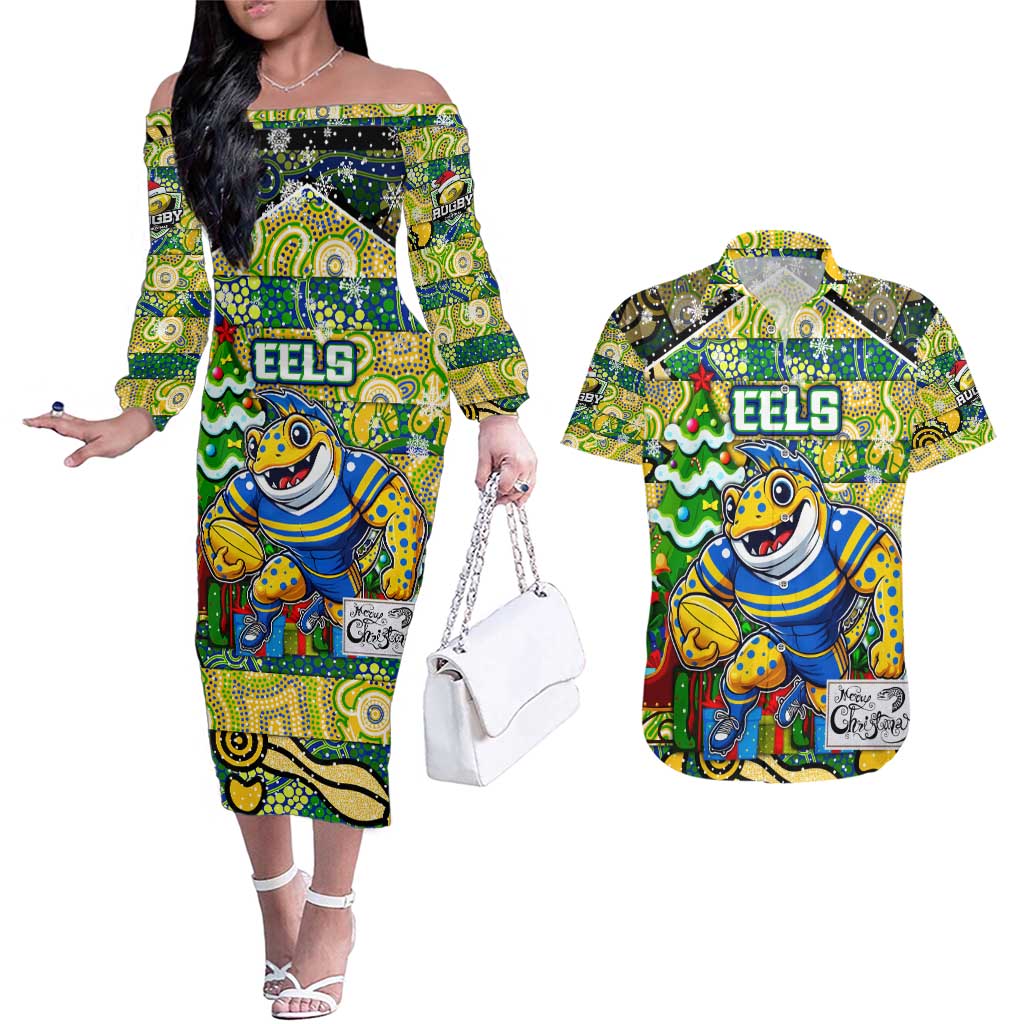 Custom Eels Rugby Merry Christmas Couples Matching Off The Shoulder Long Sleeve Dress and Hawaiian Shirt Indigenous Australian Art