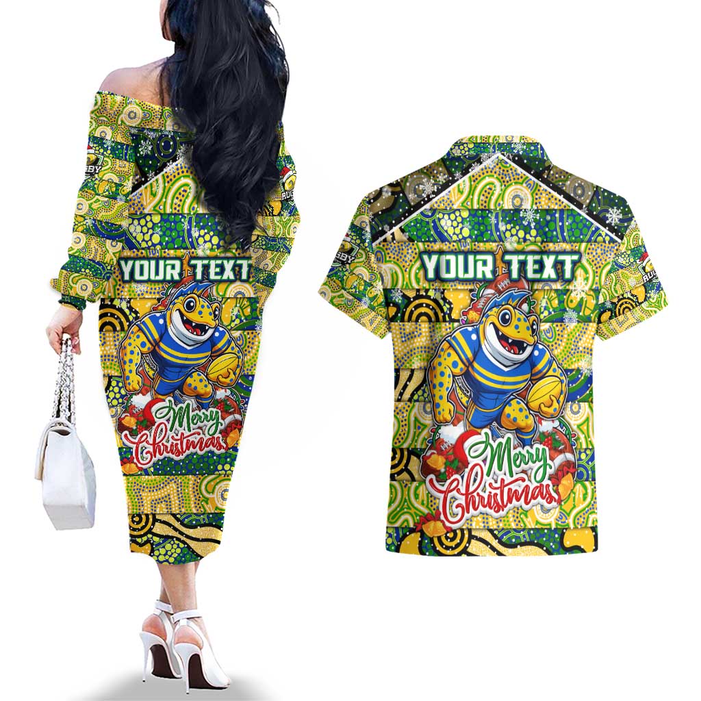 Custom Eels Rugby Merry Christmas Couples Matching Off The Shoulder Long Sleeve Dress and Hawaiian Shirt Indigenous Australian Art