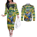 Custom Eels Rugby Merry Christmas Couples Matching Off The Shoulder Long Sleeve Dress and Long Sleeve Button Shirt Indigenous Australian Art
