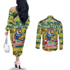 Custom Eels Rugby Merry Christmas Couples Matching Off The Shoulder Long Sleeve Dress and Long Sleeve Button Shirt Indigenous Australian Art