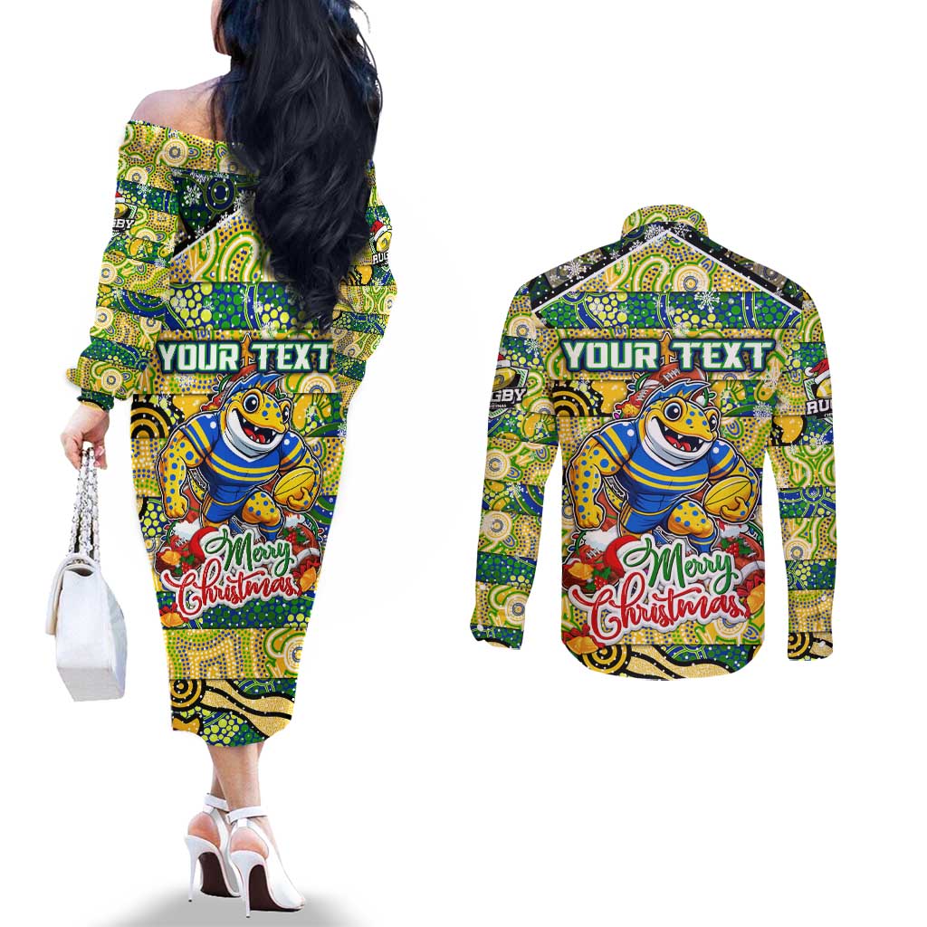 Custom Eels Rugby Merry Christmas Couples Matching Off The Shoulder Long Sleeve Dress and Long Sleeve Button Shirt Indigenous Australian Art