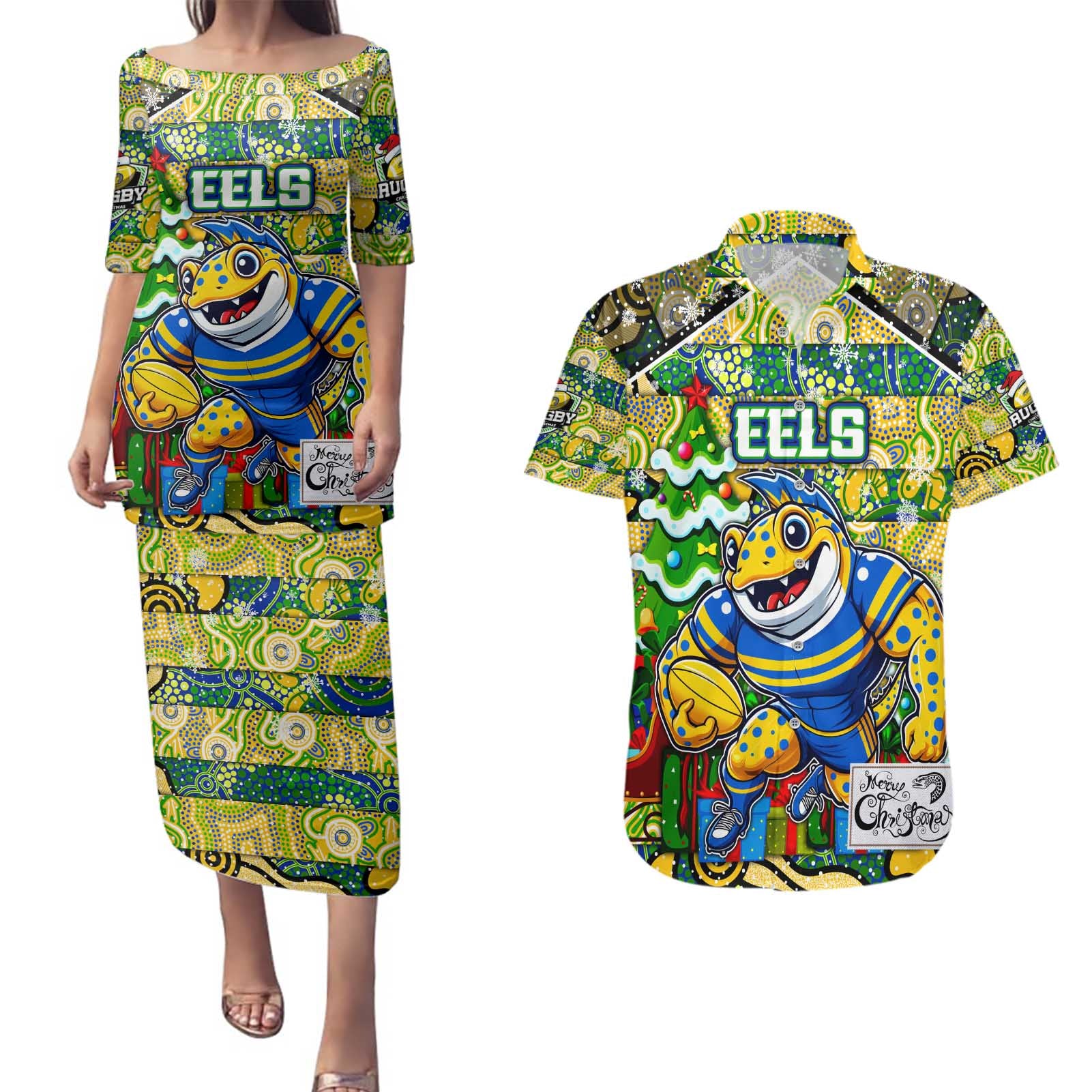 Custom Eels Rugby Merry Christmas Couples Matching Puletasi and Hawaiian Shirt Indigenous Australian Art
