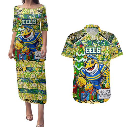 Custom Eels Rugby Merry Christmas Couples Matching Puletasi and Hawaiian Shirt Indigenous Australian Art