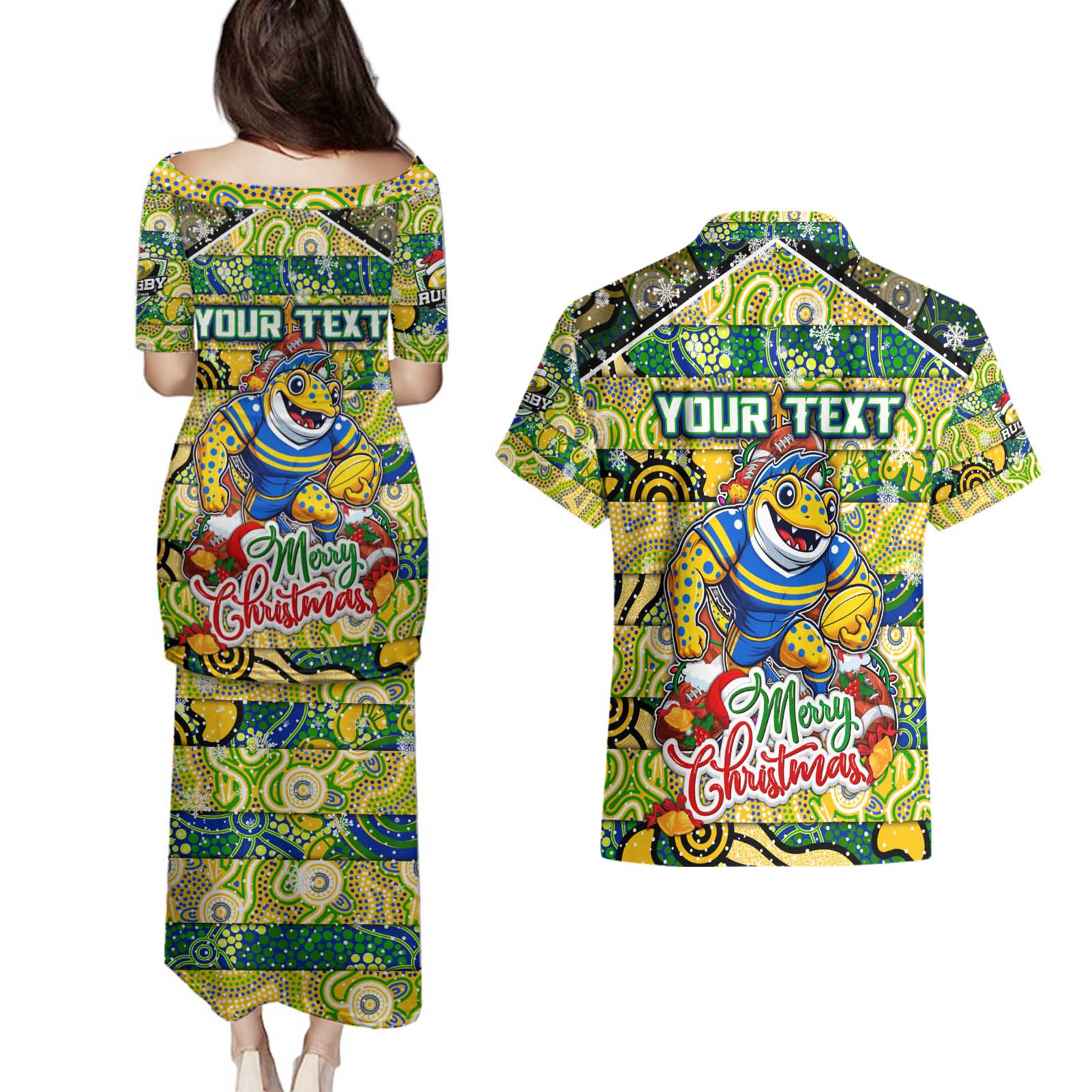 Custom Eels Rugby Merry Christmas Couples Matching Puletasi and Hawaiian Shirt Indigenous Australian Art