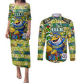 Custom Eels Rugby Merry Christmas Couples Matching Puletasi and Long Sleeve Button Shirt Indigenous Australian Art