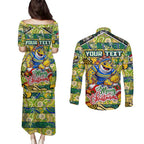 Custom Eels Rugby Merry Christmas Couples Matching Puletasi and Long Sleeve Button Shirt Indigenous Australian Art