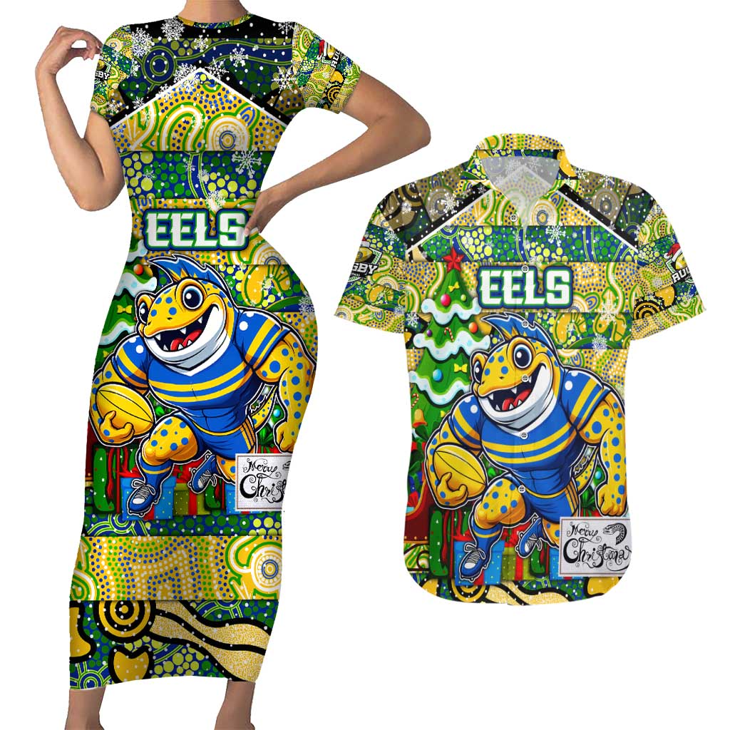 Custom Eels Rugby Merry Christmas Couples Matching Short Sleeve Bodycon Dress and Hawaiian Shirt Indigenous Australian Art