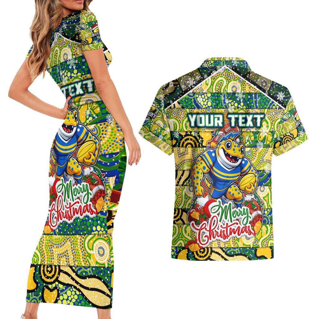 Custom Eels Rugby Merry Christmas Couples Matching Short Sleeve Bodycon Dress and Hawaiian Shirt Indigenous Australian Art