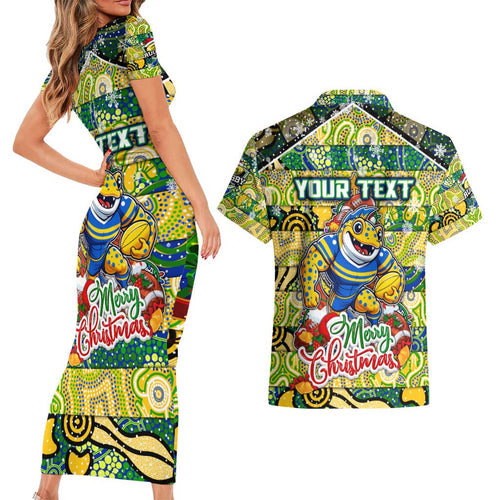 Custom Eels Rugby Merry Christmas Couples Matching Short Sleeve Bodycon Dress and Hawaiian Shirt Indigenous Australian Art