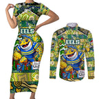 Custom Eels Rugby Merry Christmas Couples Matching Short Sleeve Bodycon Dress and Long Sleeve Button Shirt Indigenous Australian Art