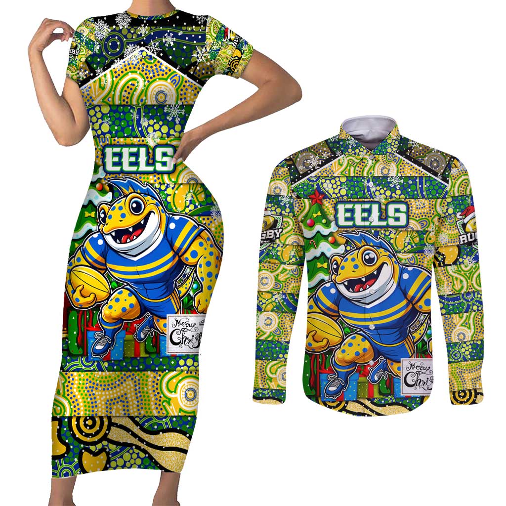 Custom Eels Rugby Merry Christmas Couples Matching Short Sleeve Bodycon Dress and Long Sleeve Button Shirt Indigenous Australian Art