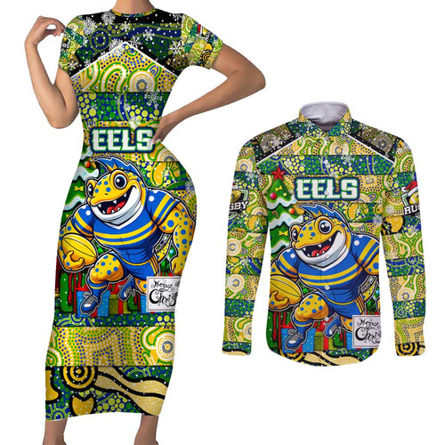 Custom Eels Rugby Merry Christmas Couples Matching Short Sleeve Bodycon Dress and Long Sleeve Button Shirt Indigenous Australian Art