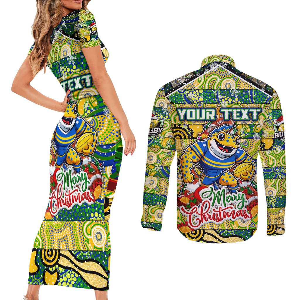 Custom Eels Rugby Merry Christmas Couples Matching Short Sleeve Bodycon Dress and Long Sleeve Button Shirt Indigenous Australian Art