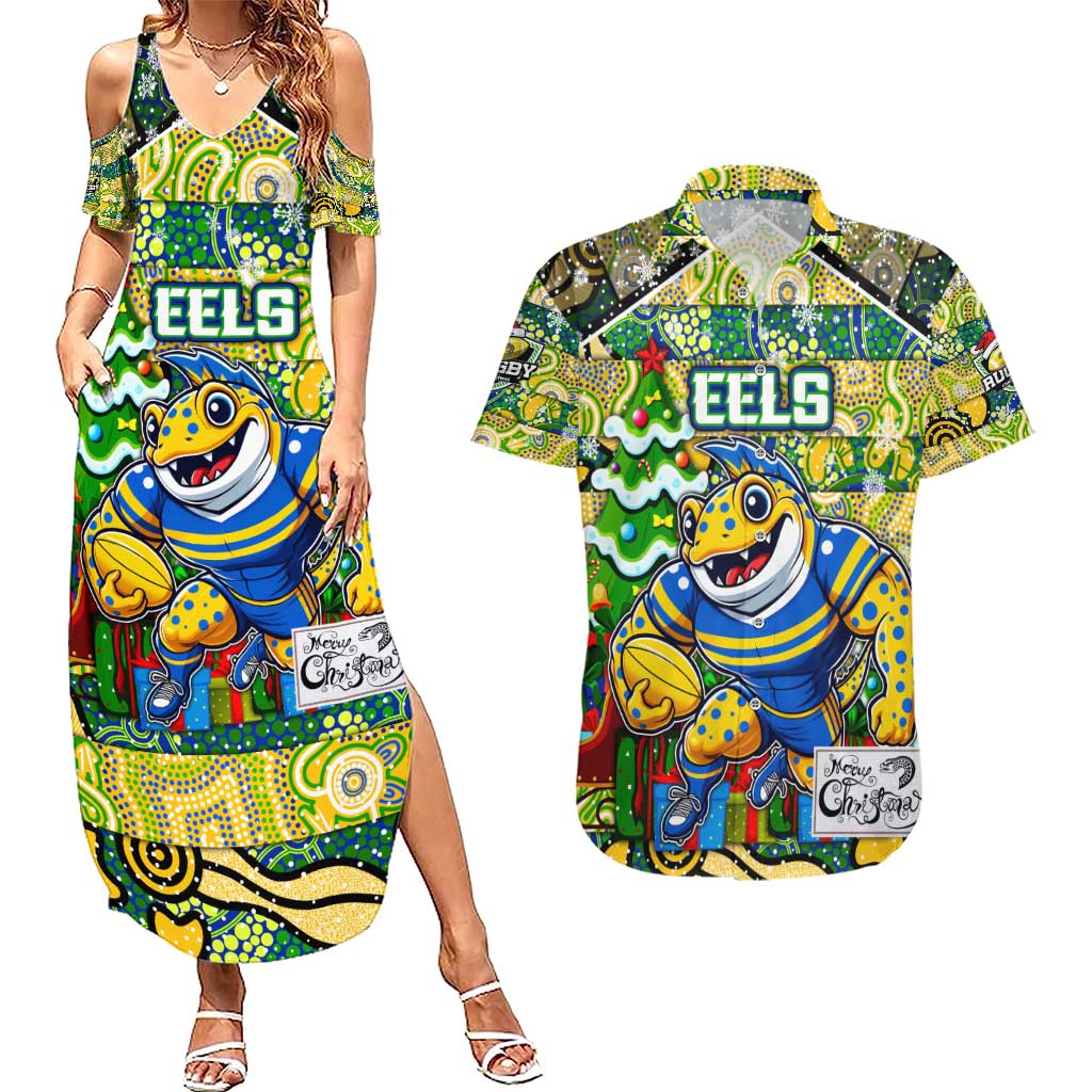Custom Eels Rugby Merry Christmas Couples Matching Summer Maxi Dress and Hawaiian Shirt Indigenous Australian Art