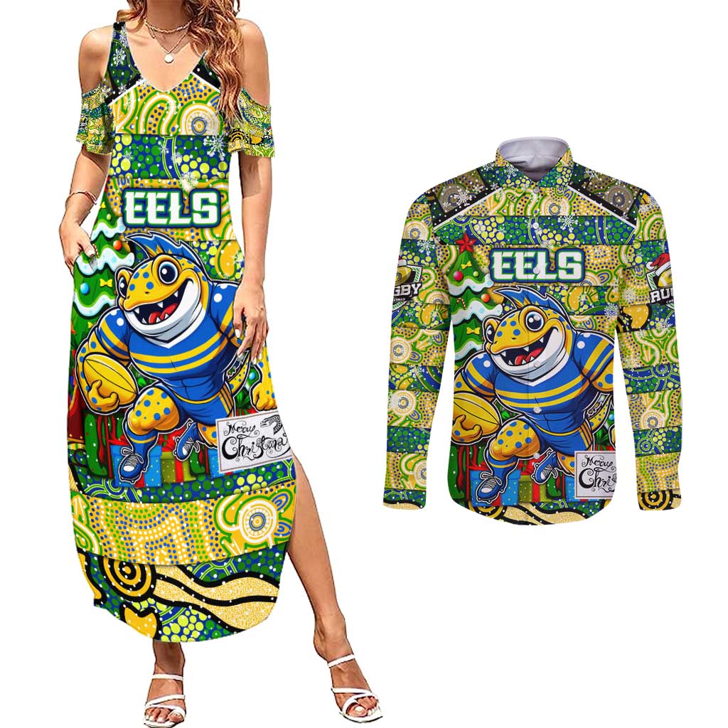 Custom Eels Rugby Merry Christmas Couples Matching Summer Maxi Dress and Long Sleeve Button Shirt Indigenous Australian Art