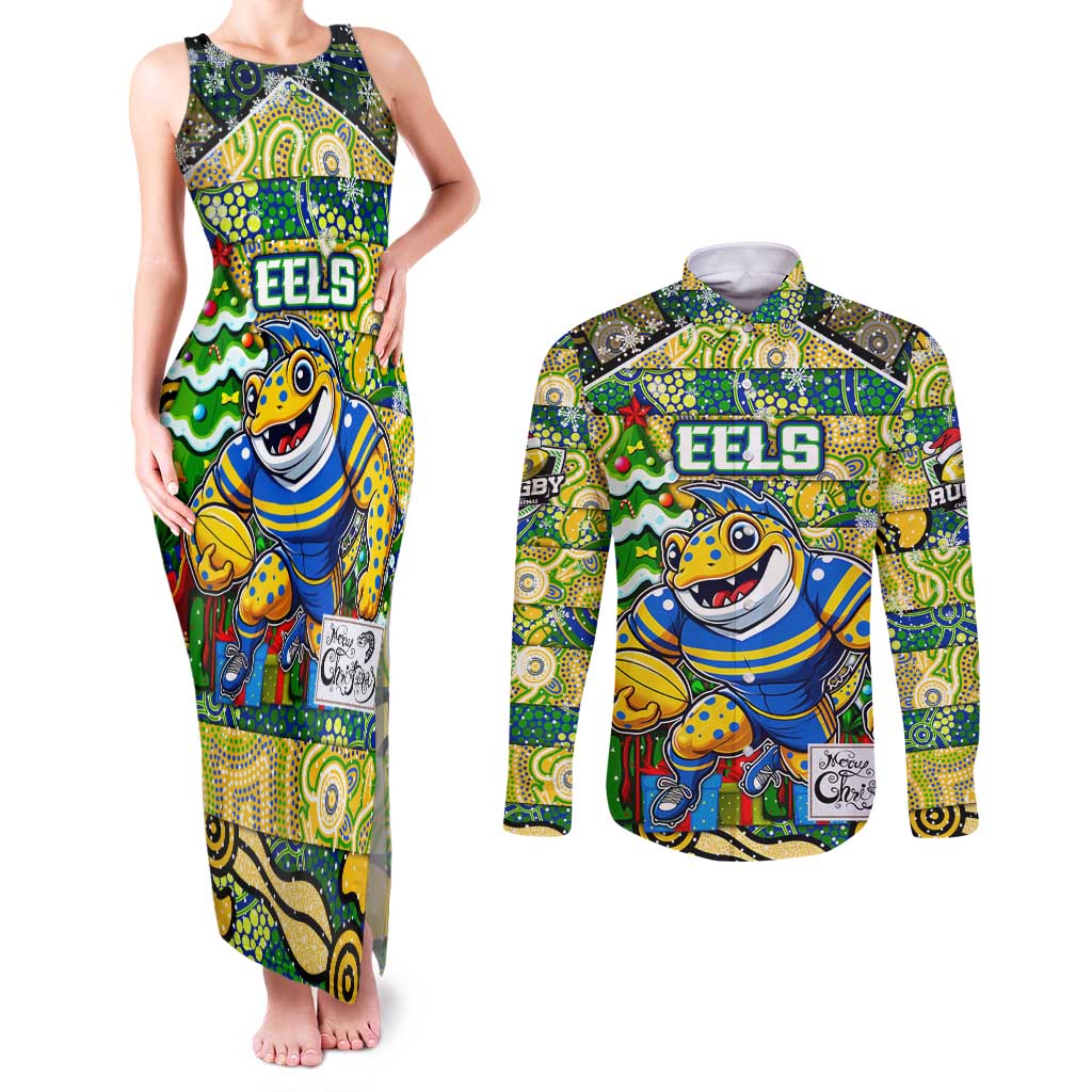 Custom Eels Rugby Merry Christmas Couples Matching Tank Maxi Dress and Long Sleeve Button Shirt Indigenous Australian Art