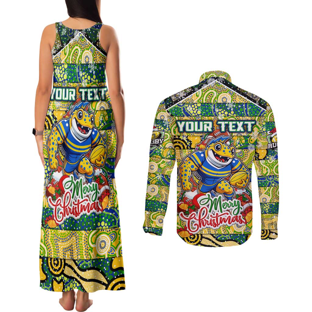 Custom Eels Rugby Merry Christmas Couples Matching Tank Maxi Dress and Long Sleeve Button Shirt Indigenous Australian Art