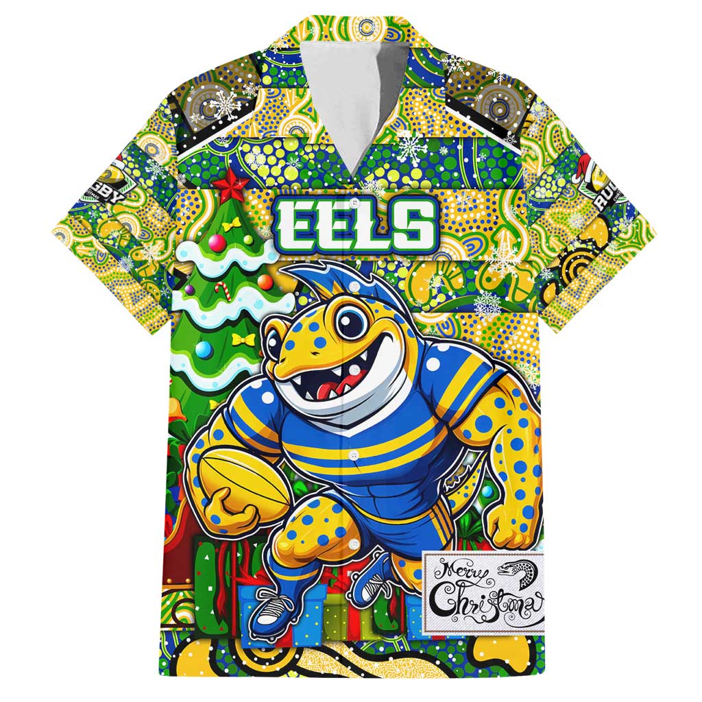 Custom Eels Rugby Merry Christmas Family Matching Off Shoulder Short Dress and Hawaiian Shirt Indigenous Australian Art