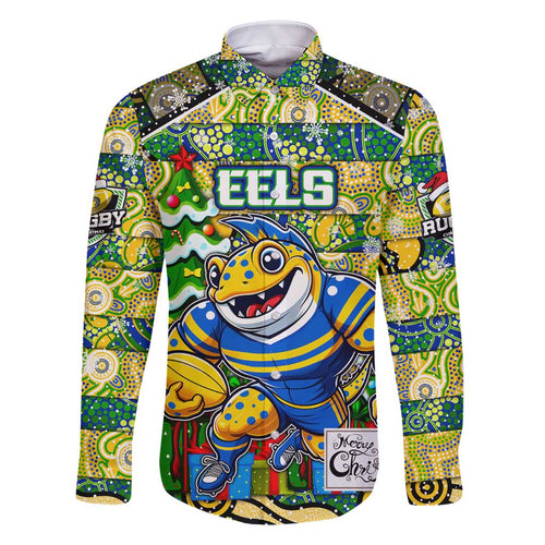 Custom Eels Rugby Merry Christmas Family Matching Off Shoulder Short Dress and Hawaiian Shirt Indigenous Australian Art