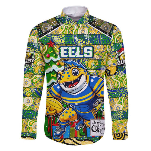 Custom Eels Rugby Merry Christmas Family Matching Short Sleeve Bodycon Dress and Hawaiian Shirt Indigenous Australian Art