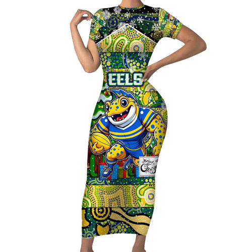 Custom Eels Rugby Merry Christmas Family Matching Short Sleeve Bodycon Dress and Hawaiian Shirt Indigenous Australian Art