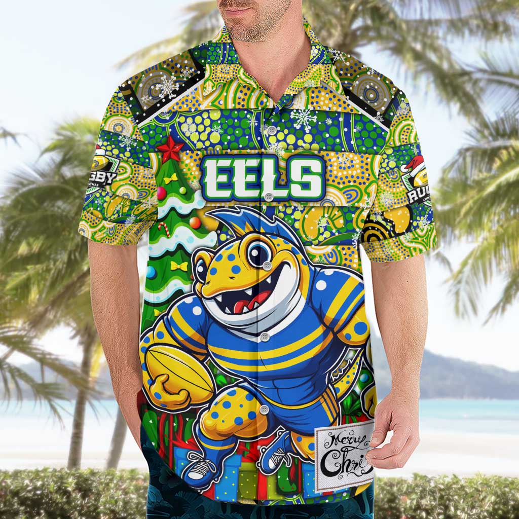 Custom Eels Rugby Merry Christmas Hawaiian Shirt Indigenous Australian Art