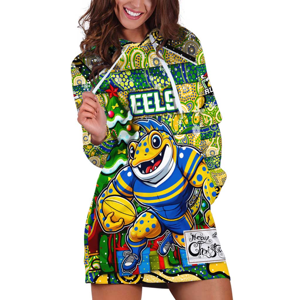 Custom Eels Rugby Merry Christmas Hoodie Dress Indigenous Australian Art