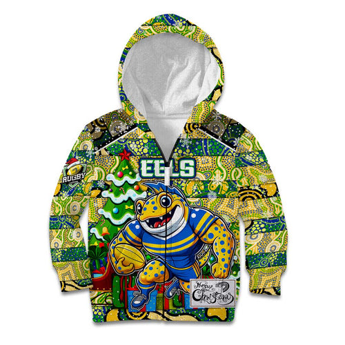 Custom Eels Rugby Merry Christmas Kid Hoodie Indigenous Australian Art