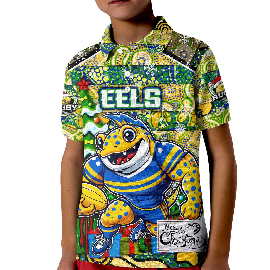 Custom Eels Rugby Merry Christmas Kid Polo Shirt Indigenous Australian Art