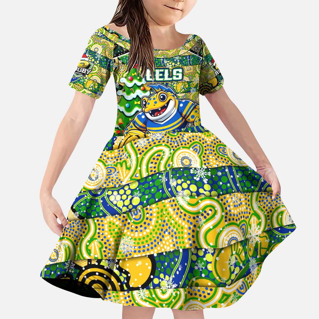 Custom Eels Rugby Merry Christmas Kid Short Sleeve Dress Indigenous Australian Art